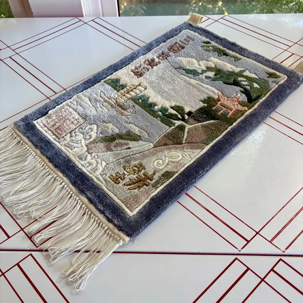 Vintage Chinese Silk Wall Hanging Rug Water and Boat Landscape Fringed Tassels